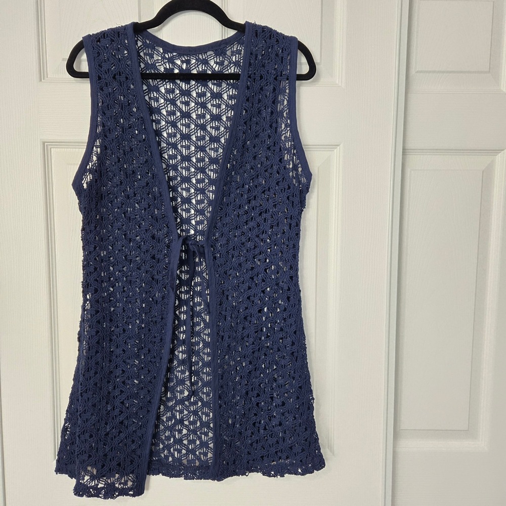 Navy Blue Crochet Knit Vest Sleeveless Front Tie Open Weave Boho Longline